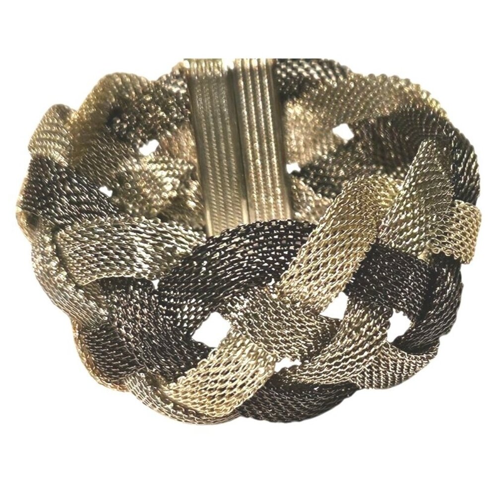 Vintage Bracelet Braided Two-Tone Black Silver Mesh With Magnetic Clasp